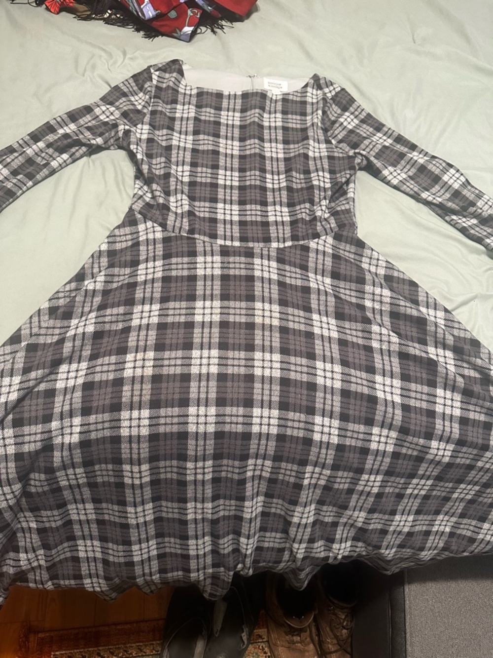 Unique Vintage Gray and White Plaid Fit-and-Flare Dress